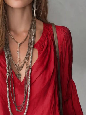 Notched Balloon Sleeve Blouse in Black, view 11