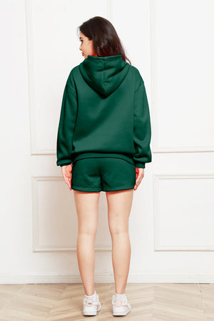 Dark green hooded lounge shorts set with a relaxed fit.