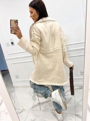Cream suede effect overcoat with shearling trim and collar.