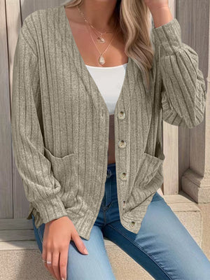 Ribbed knit button-down cardigan in Khaki with V-neck, pockets, and button details.