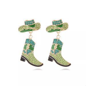 Green cowboy boot and hat dangle earrings with rhinestones