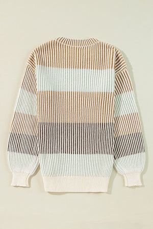 Ribbed stripe knit sweater with balloon sleeves in tan, dusty blue, and cream acrylic.