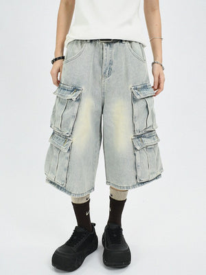 Men's light wash denim capri cargo pants with multiple pockets and a relaxed fit.