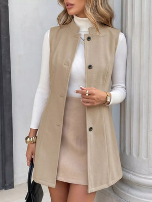 Elegant Button-down Vest Coat in Khaki, close-up detail