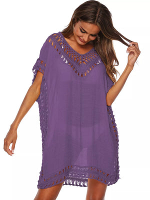 Dark Purple crochet V-neck cover-up dress with cutout details and fringe hem.