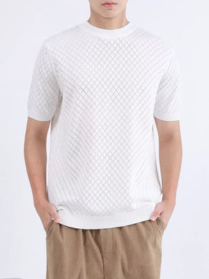 Men's white diamond knit short sleeve tee with crewneck and ribbed hem.
