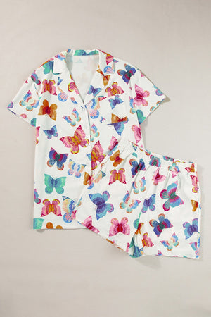 White butterfly print pajama set with short sleeves and shorts.