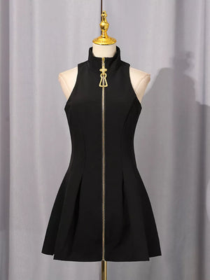 Zip Up Sleeveless Mini Dress in Black, model styling view