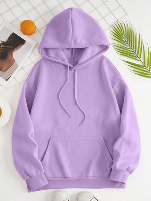 Oversized lavender hoodie with pouch pocket and drawstring hood.