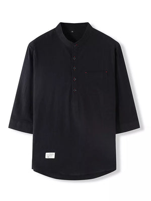 Black casual cotton shirt with Mandarin collar, 3/4 sleeves, and buttoned placket.