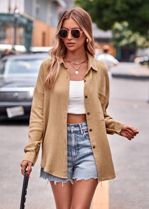 Textured gauze overshirt in khaki with relaxed silhouette, button front, and chest pocket.