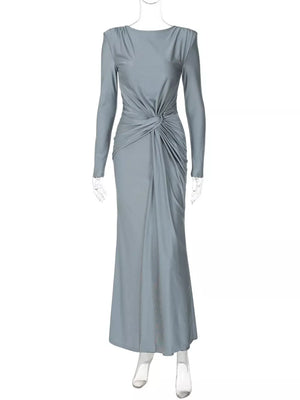 Gray ruched long sleeve maxi dress with boat neckline and knot detail