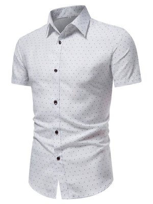 Men's white slim fit short sleeve shirt with a subtle dot pattern and button-down front.