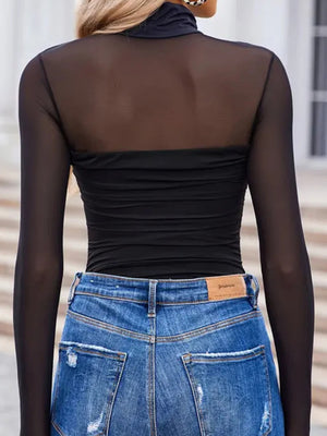 Black sheer mesh high neck maternity shirt with ruched bodice detail.