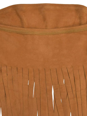 Caramel suede tube top with bohemian fringe trim and elastic neckline detail.