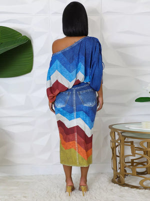 Asymmetrical denim top with chevron print and matching slit midi skirt.