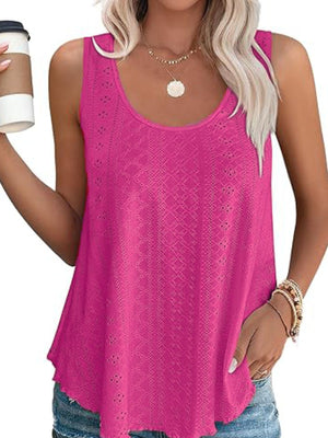 Hot Pink eyelet scoop neck tank top with intricate diamond pattern detail.