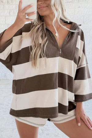Striped Color Block Zip Collar Oversize Sweatshirt in Coffee Brown, side view