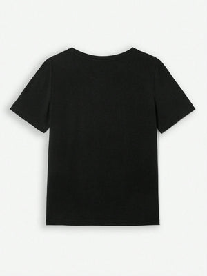 Black t-shirt with short sleeves and a crew neck.