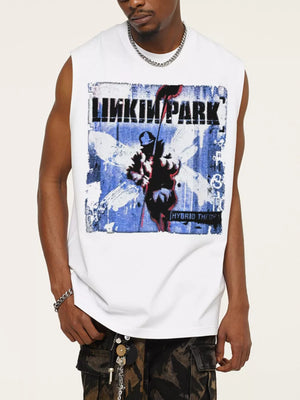 White cotton crew neck tank top with distressed Linkin Park graphic.