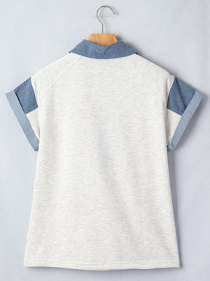 Button detail casual top with denim look sleeves and collar