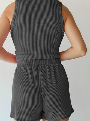 Dark gray ribbed sleeveless coord set with elastic waist shorts.