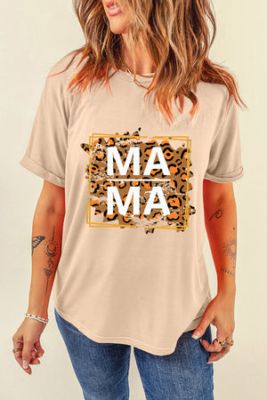 Tan cotton graphic tee with leopard print "Mama" text, short sleeves, and a relaxed fit.