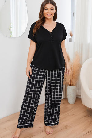 Black grid-print lounge set with Henley top and wide-leg pants