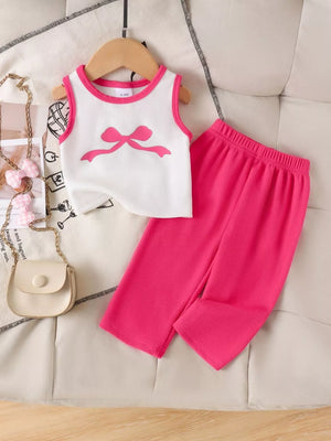 Children's Ribbed Bow Tank Top And Pants Set in 玫红色, fabric detail