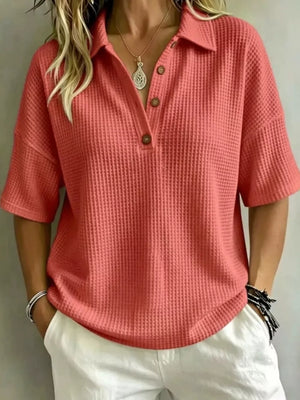 Full Size Waffle Knit Polo Top Plus Size, editorial view
