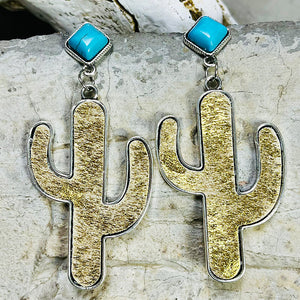 Cactus silhouette drop earrings with turquoise squares and glittery gold detail.