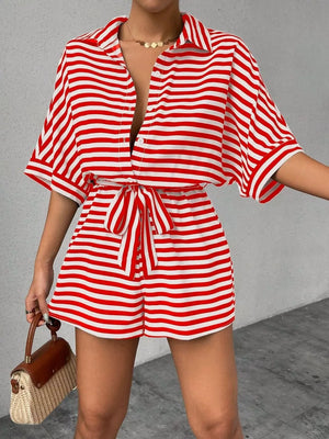 Striped Button Front Half Sleeve Romper in Dark Blue, front view