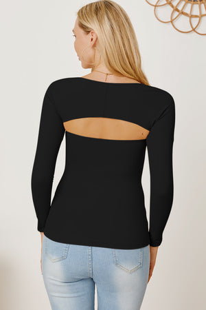 Black long sleeve bodysuit with open back detail