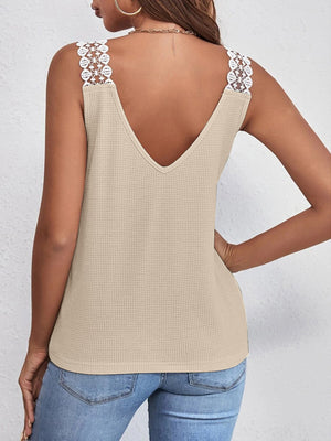 Khaki waffle knit tank top with white lace shoulder straps and V-neck.