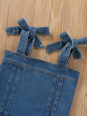 Children's Tie Shoulder Tank And Distressed Jeans Set in Blue, model styling view