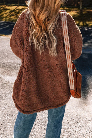 Brown teddy textured utility jacket with a casual fit, shown from the back.