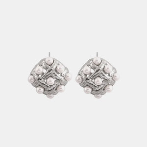 Silver woven pearl grid earrings with a diamond pattern and textured metal detail.