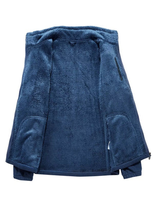 Dark blue fleece lined full zip jacket with pockets, open view