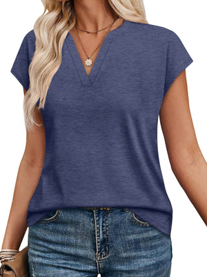 Blue heathered short-sleeve t-shirt with notched V-neck and comfortable fit.