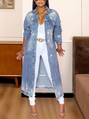 Distressed light wash denim duster coat with button front and long sleeves.