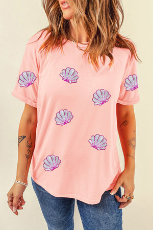 Pink rolled sleeve tee with scattered seashell appliques