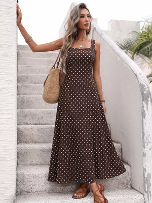 Brown polka dot maxi dress with square neckline and sleeveless design.