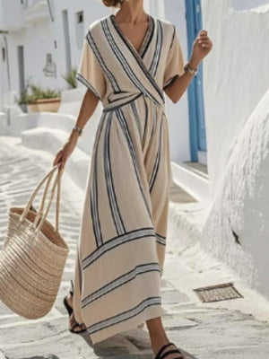 Striped Short Sleeve Wrap Maxi Dress Plus Size in White, close-up detail