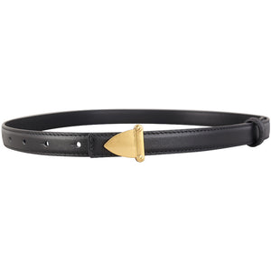 Black cowhide leather belt with a golden triangular buckle