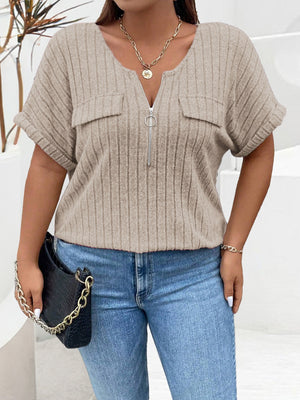 Khaki ribbed knit henley with short sleeves, zip neck, and chest pockets.