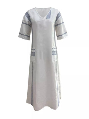 White maxi dress with blue stripes, V-neck, short sleeves, and pockets.