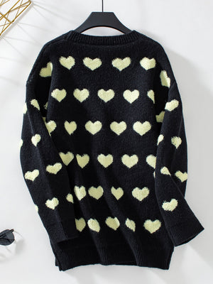 Black acrylic knit cardigan with allover light yellow hearts pattern, crew neck.