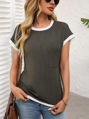 Army green ribbed knit tee with contrast white piping and chest pocket.