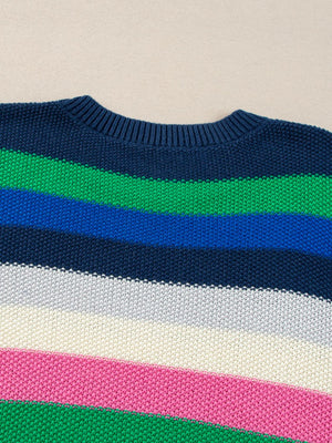 Chunky knit crewneck sweater with horizontal stripes in navy, green, blue, white, and pink.