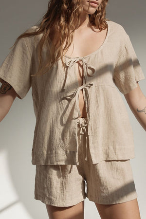 Beige cotton open-front tie-top with matching shorts set